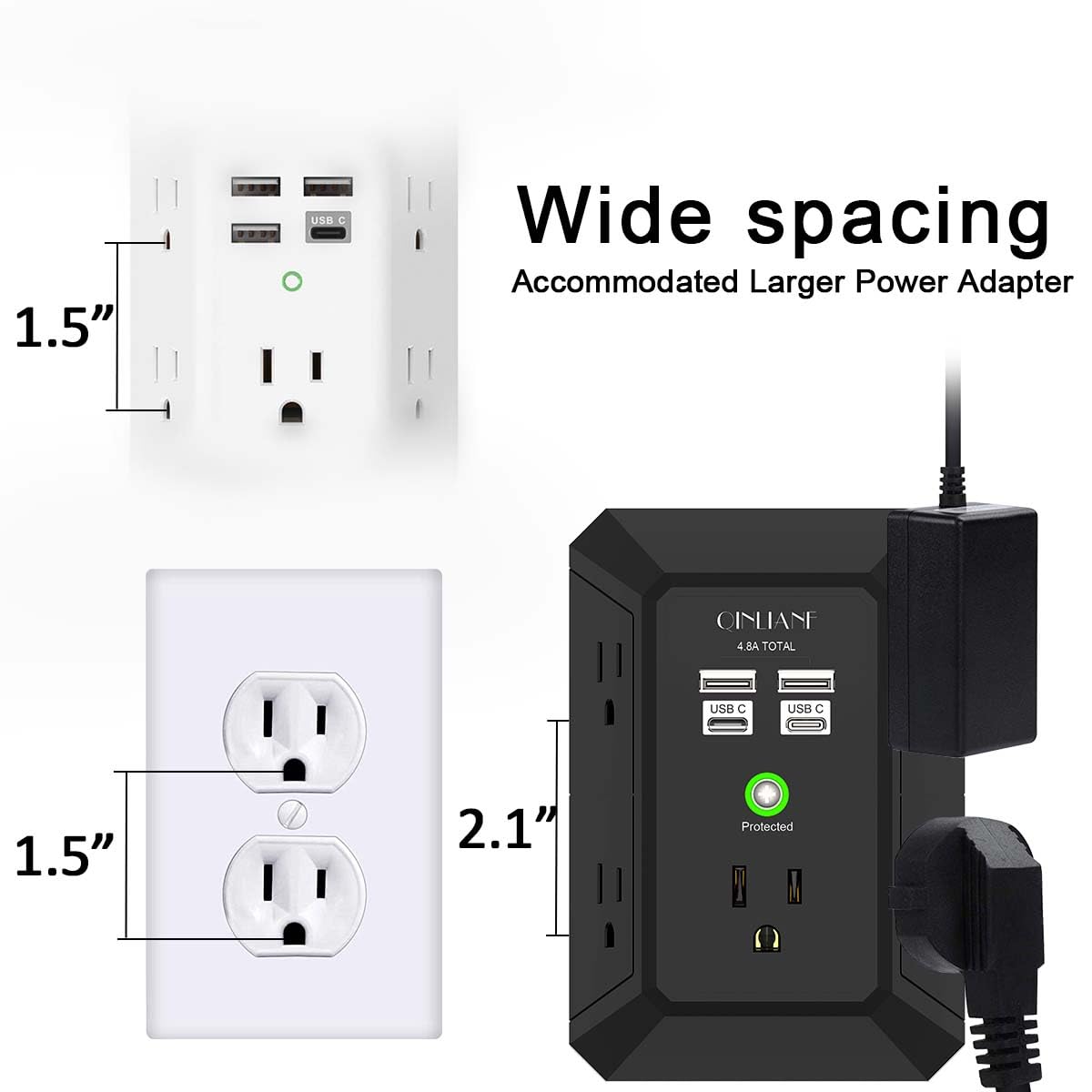 3-Sided 1680J Power Strip Multi Plug Adapter Wall Charger, Surge Protector 5 Outlet Extender with 4 USB Charging Ports (4.8A Total)