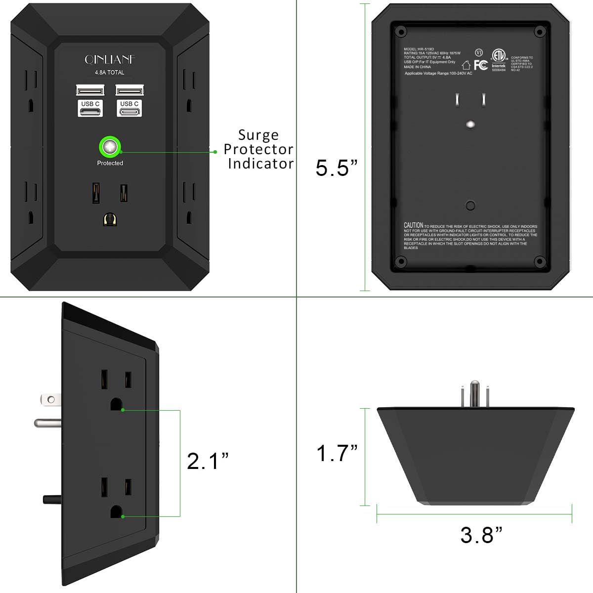 3-Sided 1680J Power Strip Multi Plug Adapter Wall Charger, Surge Protector 5 Outlet Extender with 4 USB Charging Ports (4.8A Total)