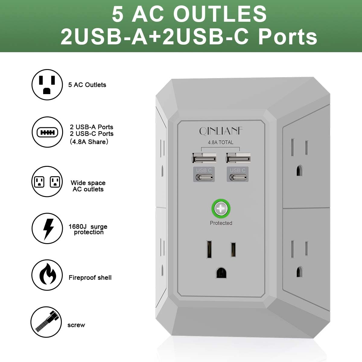 3-Sided 1680J Power Strip Multi Plug Adapter Wall Charger, Surge Protector 5 Outlet Extender with 4 USB Charging Ports (4.8A Total)