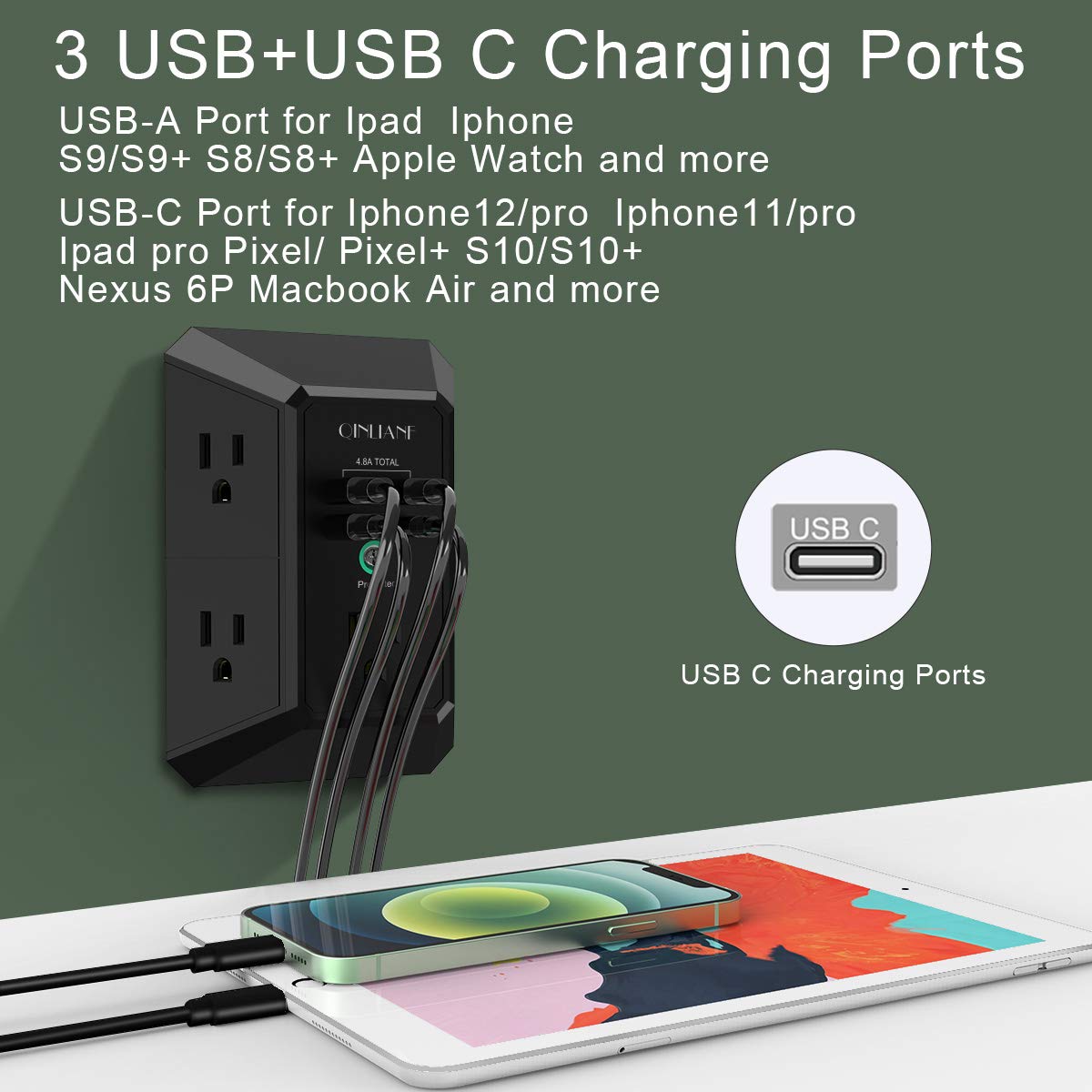 3-Sided 1680J Power Strip Multi Plug Adapter Wall Charger, Surge Protector 5 Outlet Extender with 4 USB Charging Ports (4.8A Total)