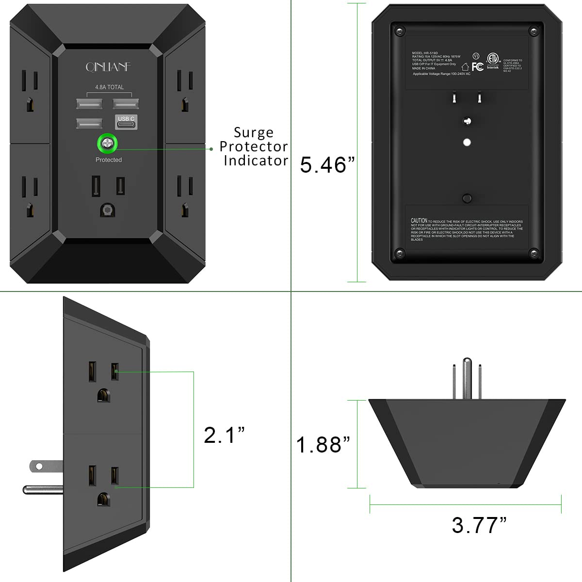 3-Sided 1680J Power Strip Multi Plug Adapter Wall Charger, Surge Protector 5 Outlet Extender with 4 USB Charging Ports (4.8A Total)