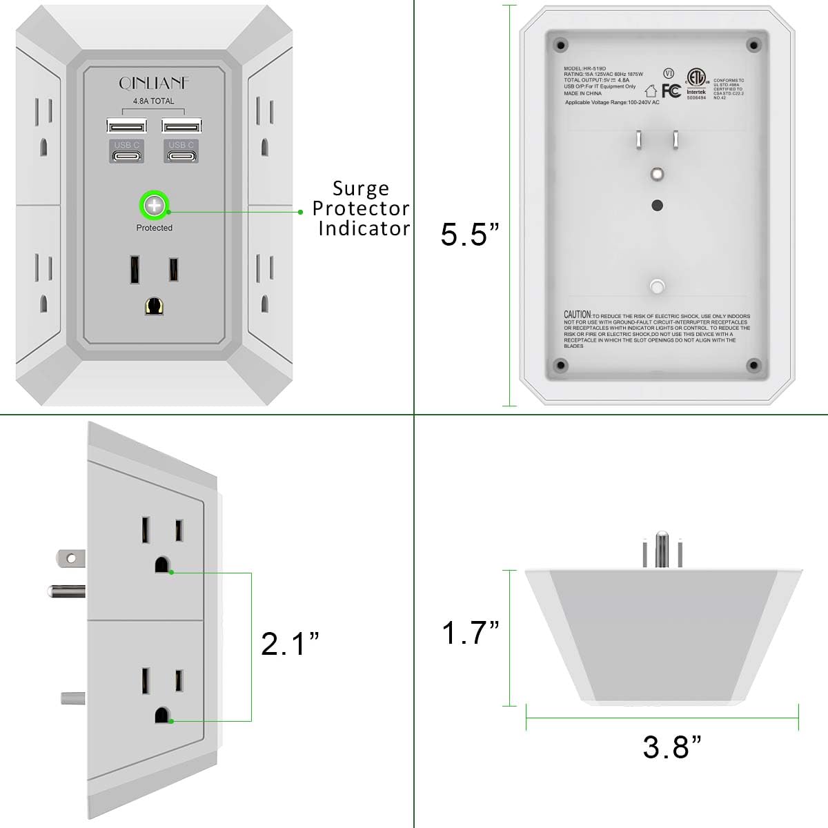 3-Sided 1680J Power Strip Multi Plug Adapter Wall Charger, Surge Protector 5 Outlet Extender with 4 USB Charging Ports (4.8A Total)