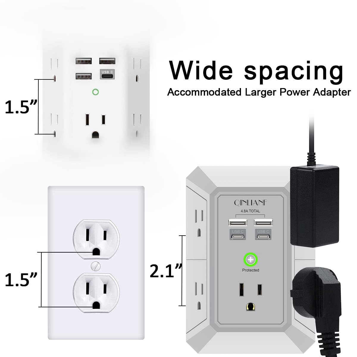 3-Sided 1680J Power Strip Multi Plug Adapter Wall Charger, Surge Protector 5 Outlet Extender with 4 USB Charging Ports (4.8A Total)