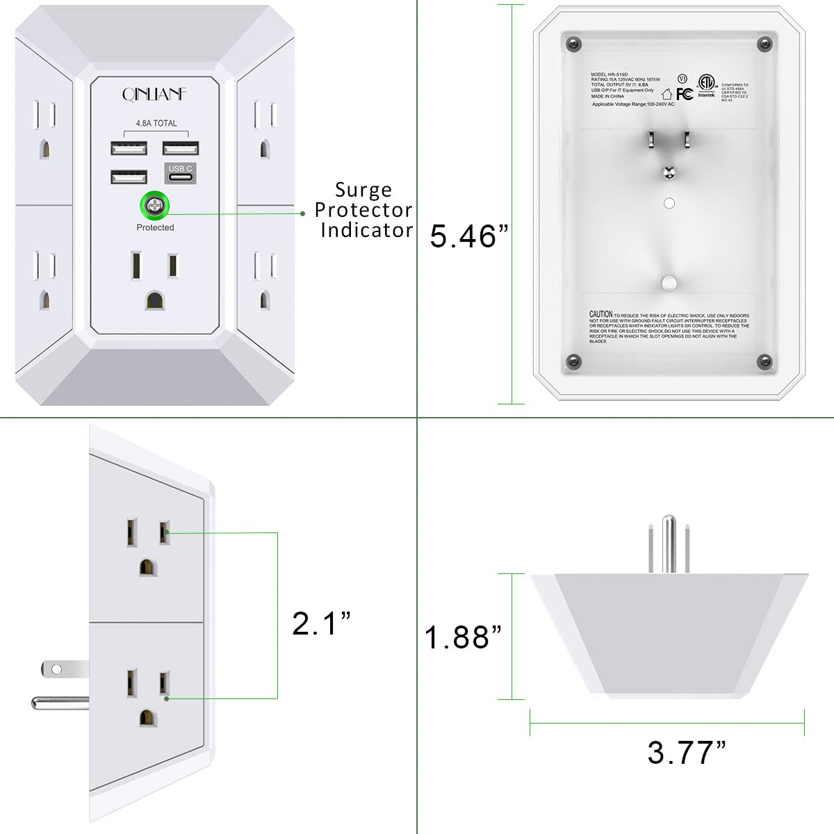 3-Sided 1680J Power Strip Multi Plug Adapter Wall Charger, Surge Protector 5 Outlet Extender with 4 USB Charging Ports (4.8A Total)