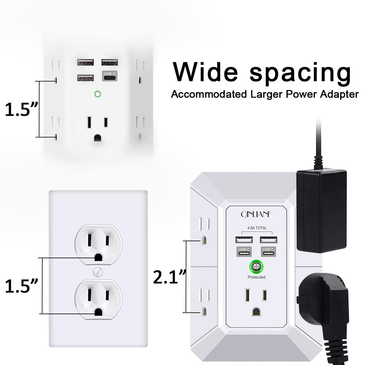 3-Sided 1680J Power Strip Multi Plug Adapter Wall Charger, Surge Protector 5 Outlet Extender with 4 USB Charging Ports (4.8A Total)