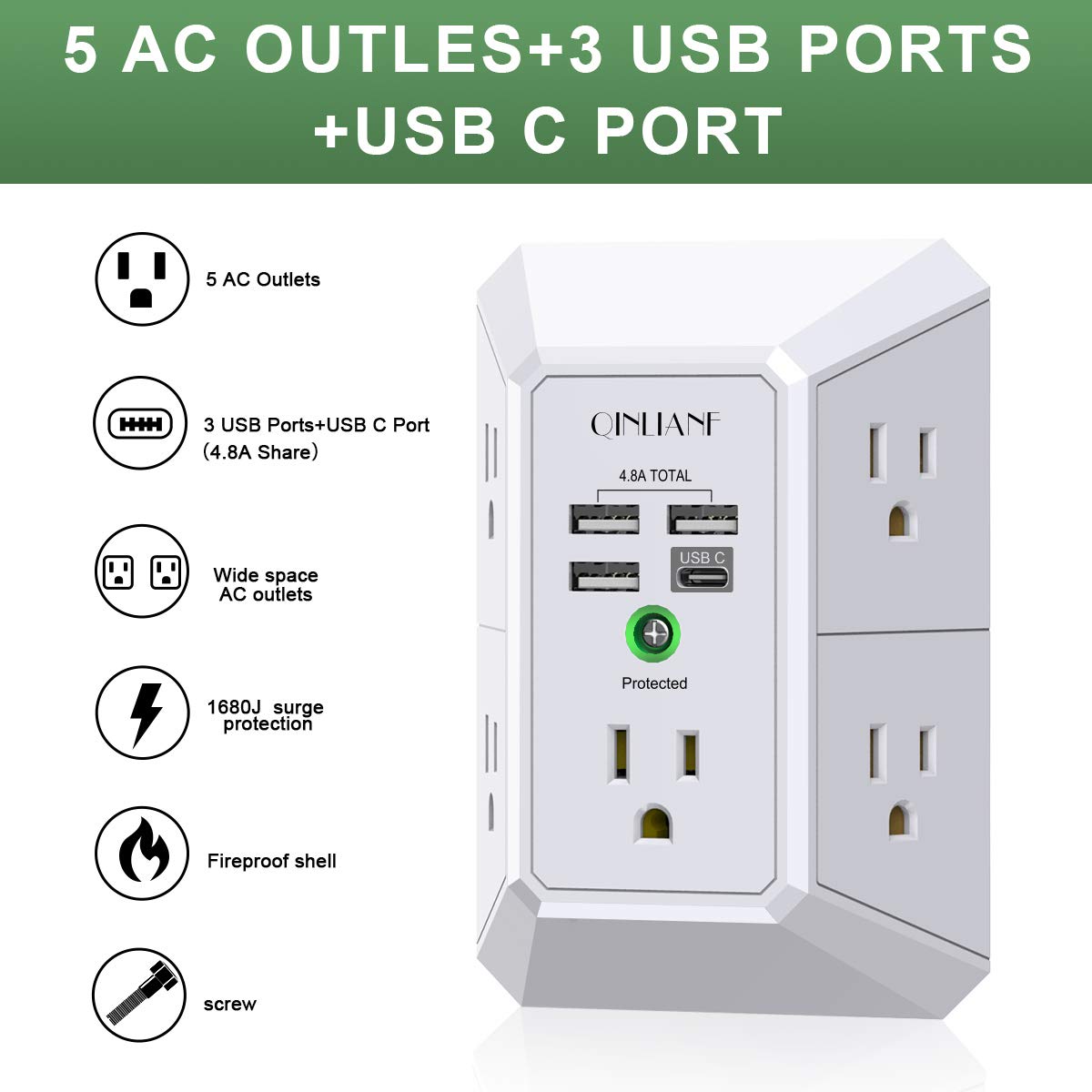 3-Sided 1680J Power Strip Multi Plug Adapter Wall Charger, Surge Protector 5 Outlet Extender with 4 USB Charging Ports (4.8A Total)