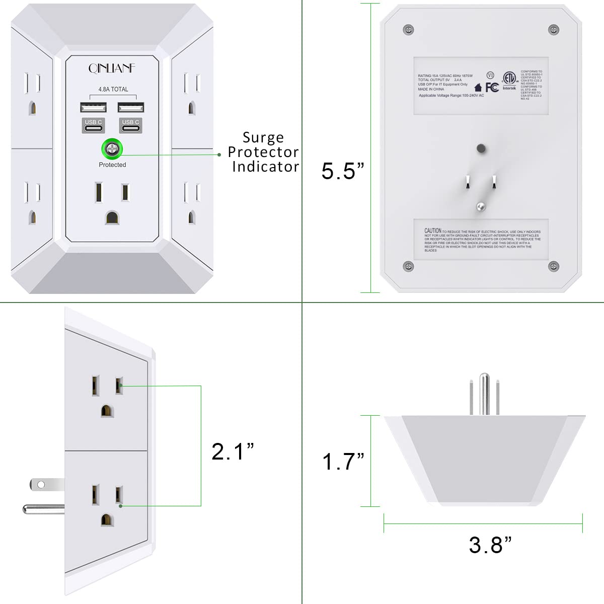 3-Sided 1680J Power Strip Multi Plug Adapter Wall Charger, Surge Protector 5 Outlet Extender with 4 USB Charging Ports (4.8A Total)