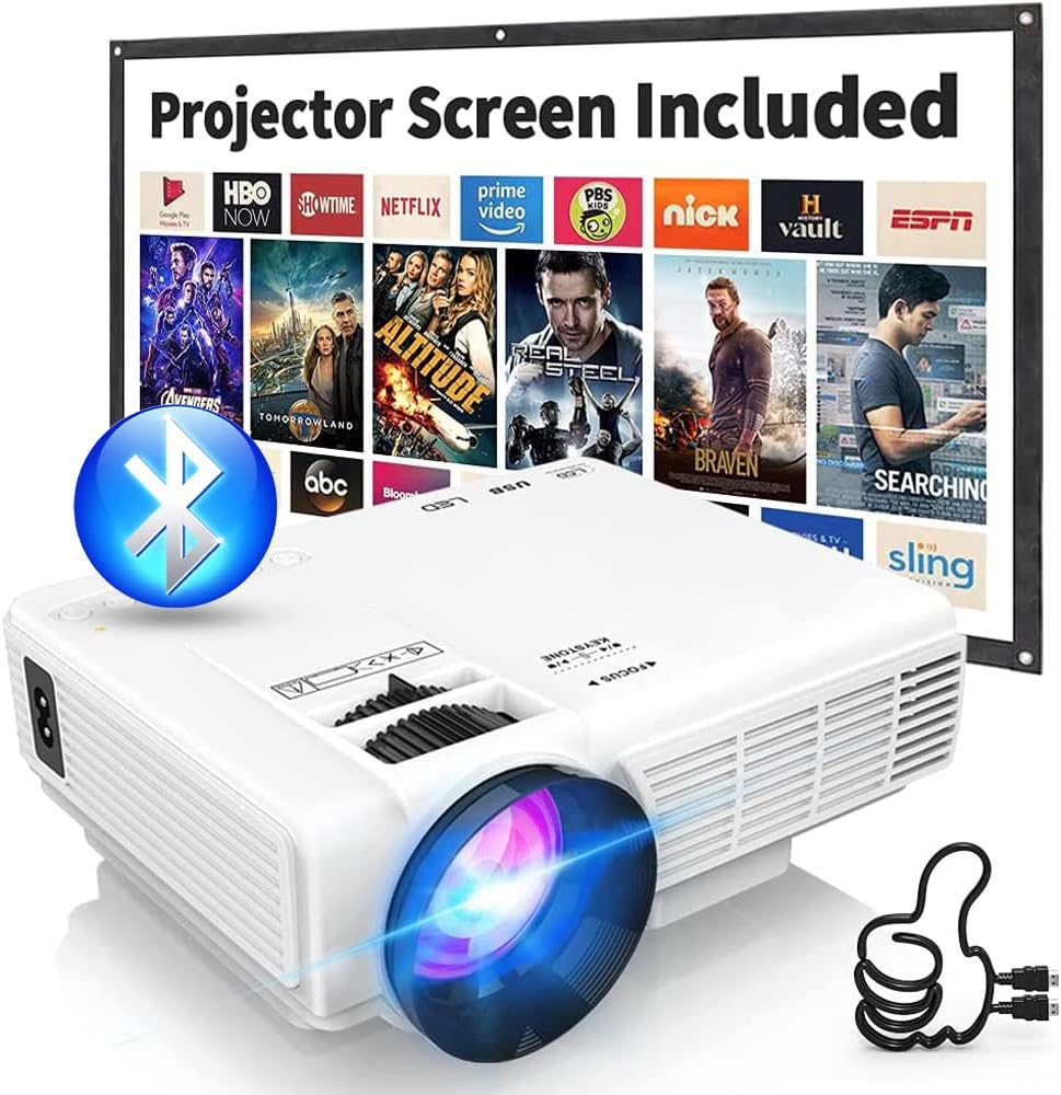 Two-way Bluetooth Projector, Mini Projector with Projector Screen, Full HD 1080P Portable Video Projector