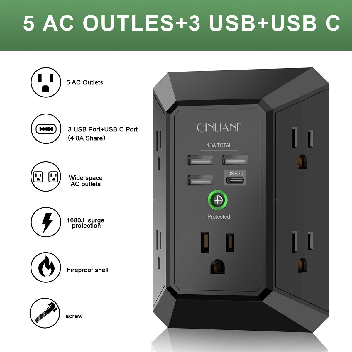 3-Sided 1680J Power Strip Multi Plug Adapter Wall Charger, Surge Protector 5 Outlet Extender with 4 USB Charging Ports (4.8A Total)