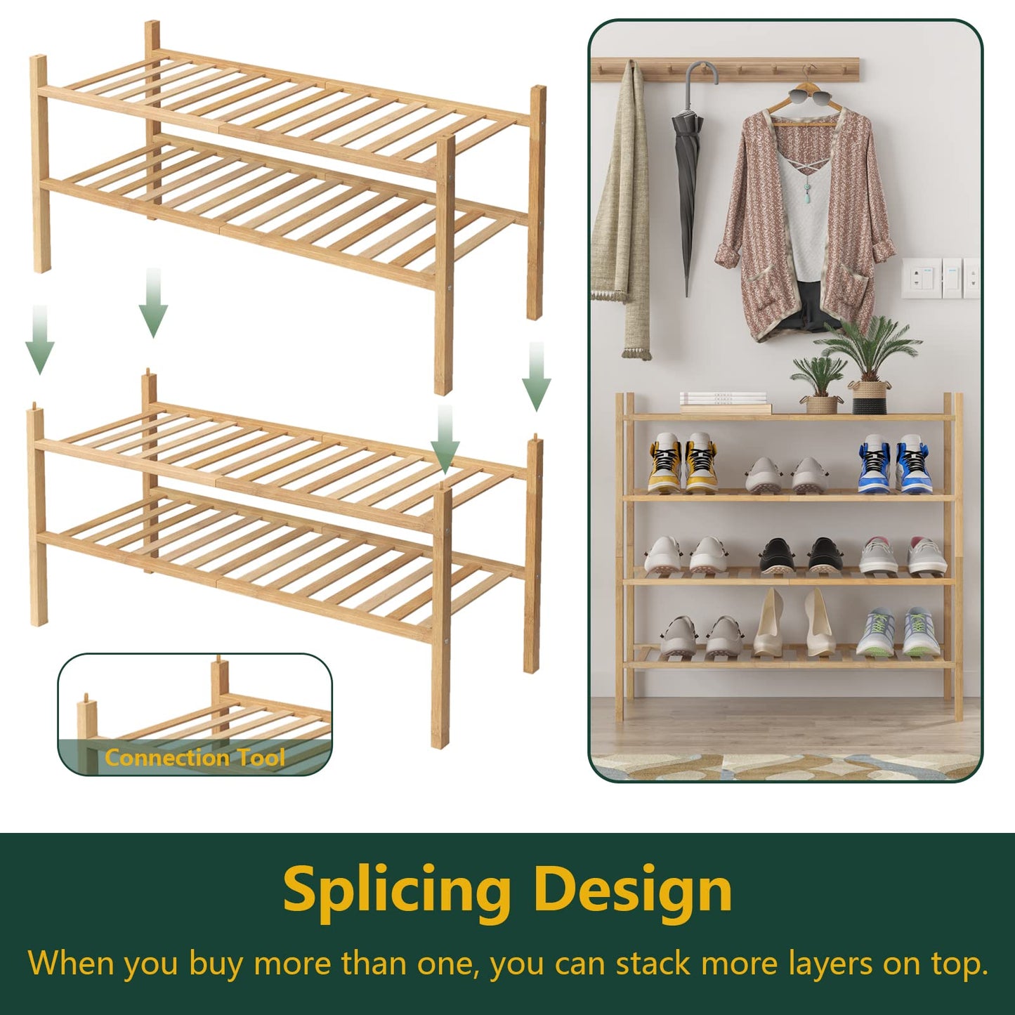 Free Standing Shoe Shelf - Multifunctional Bamboo Rack (Choose Tier)