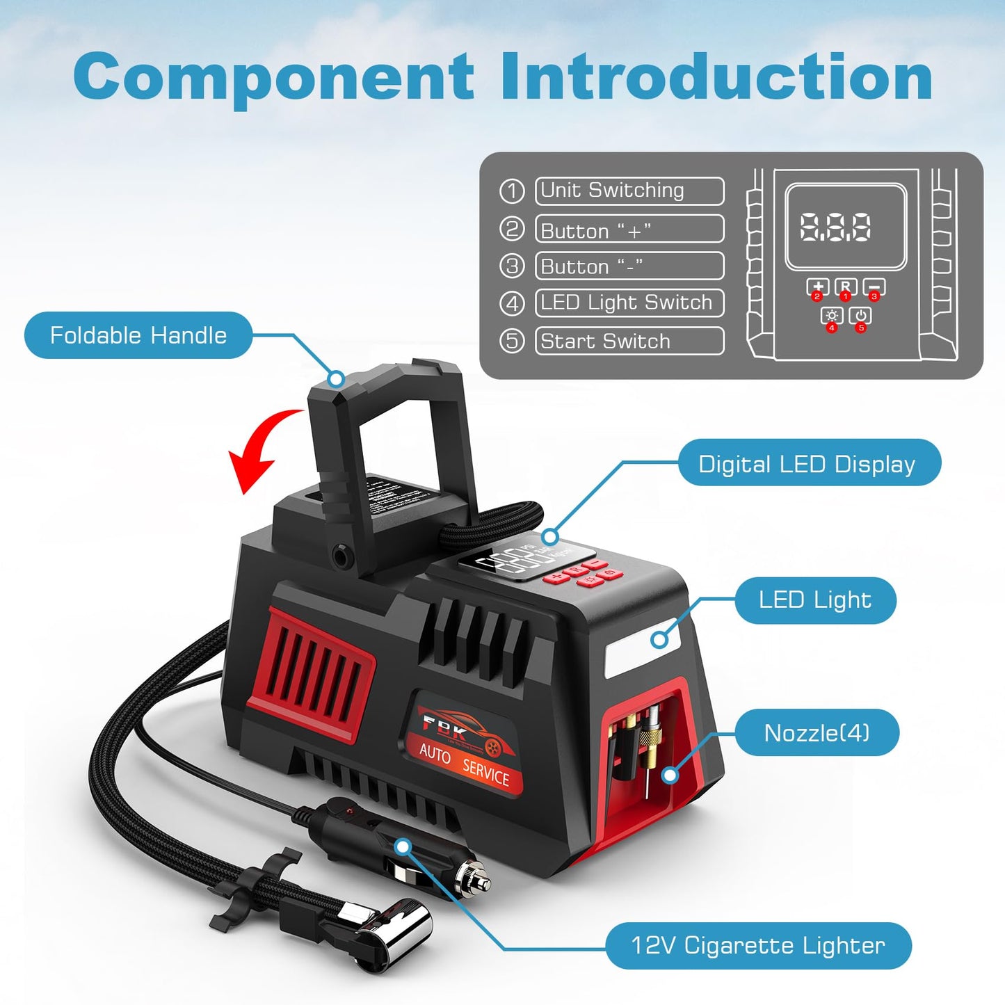 Portable Tire Inflator Digital Air Compressor 12V DC Tire Air Pump - Auto Shut-Off Function, Emergency LED Light, Carrying Case