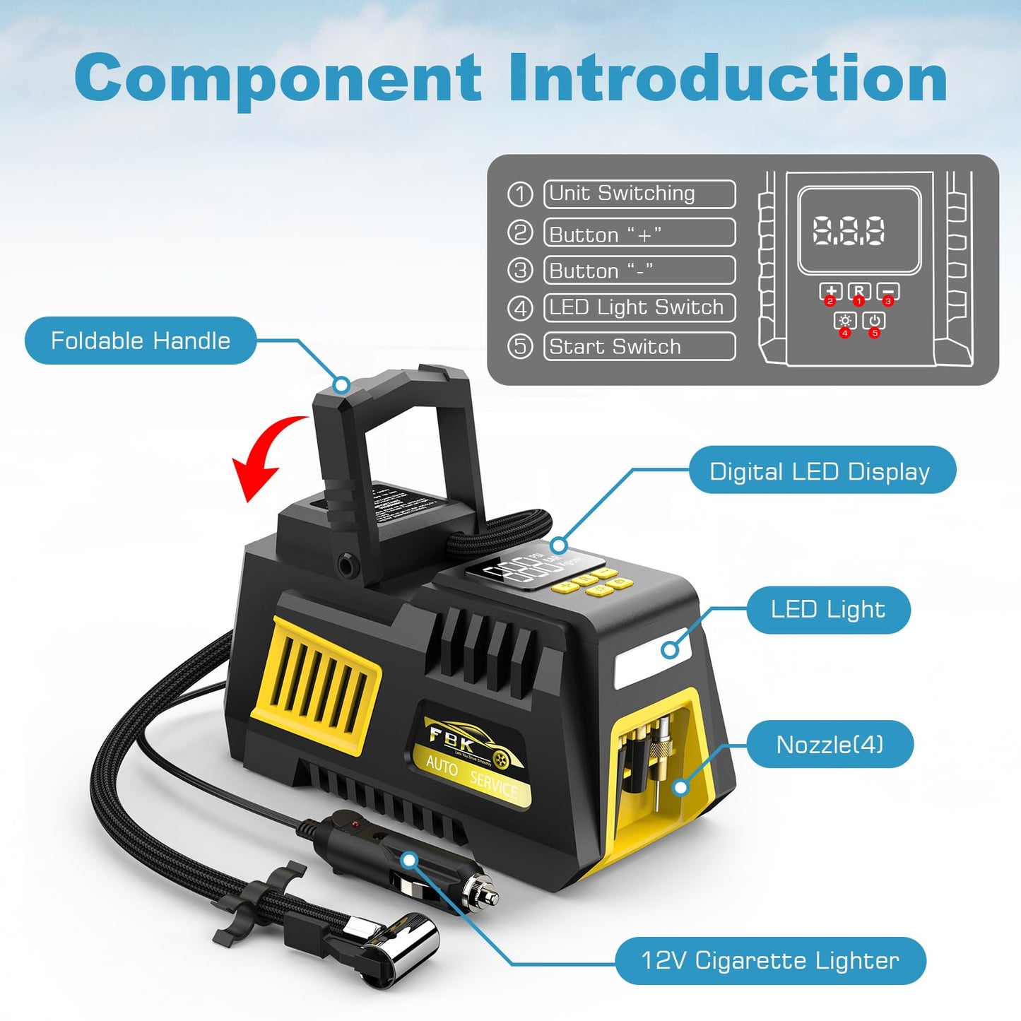 Portable Tire Inflator Digital Air Compressor 12V DC Tire Air Pump - Auto Shut-Off Function, Emergency LED Light, Carrying Case