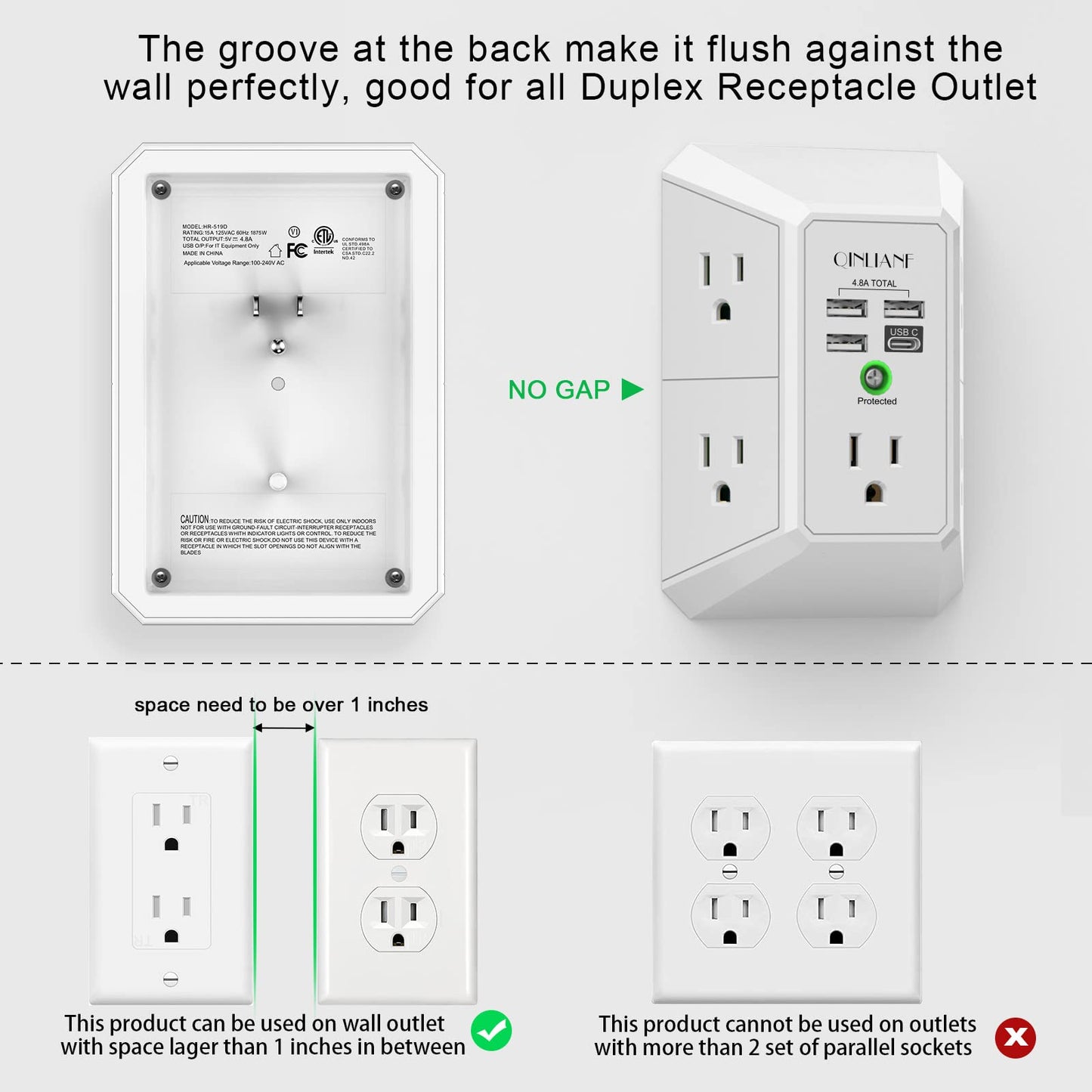 3-Sided 1680J Power Strip Multi Plug Adapter Wall Charger, Surge Protector 5 Outlet Extender with 4 USB Charging Ports (4.8A Total)