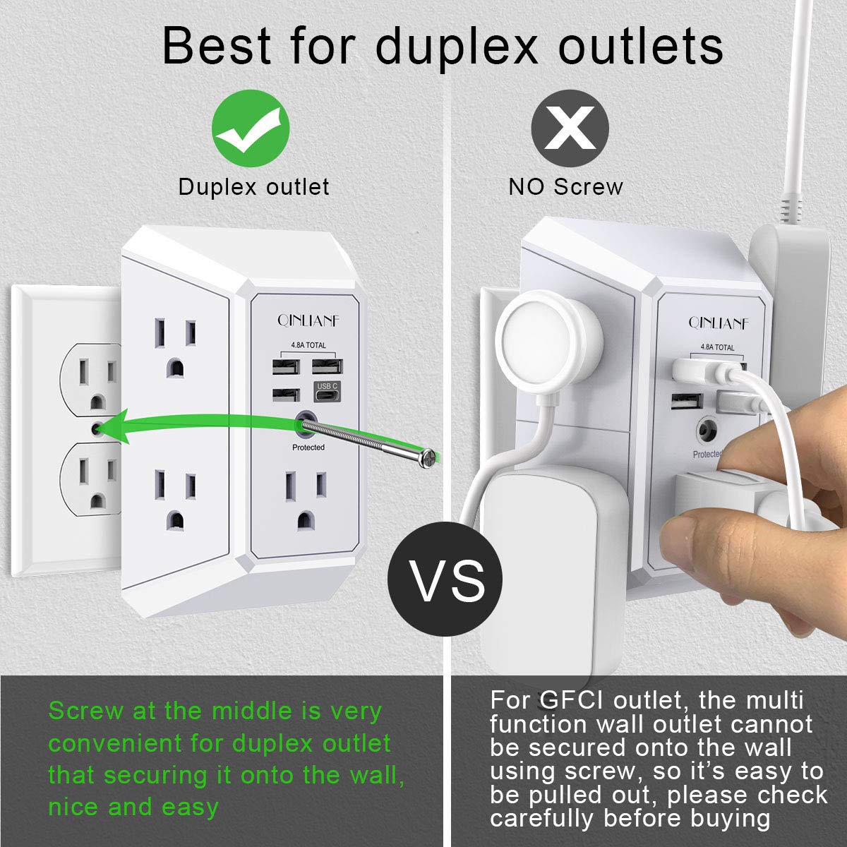 3-Sided 1680J Power Strip Multi Plug Adapter Wall Charger, Surge Protector 5 Outlet Extender with 4 USB Charging Ports (4.8A Total)