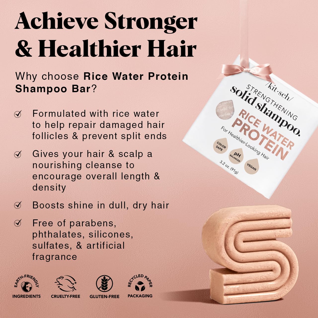 Rice Shampoo Bar for Strengthening Weak or Damaged Hair - Vegan & All Natural (Made in US)