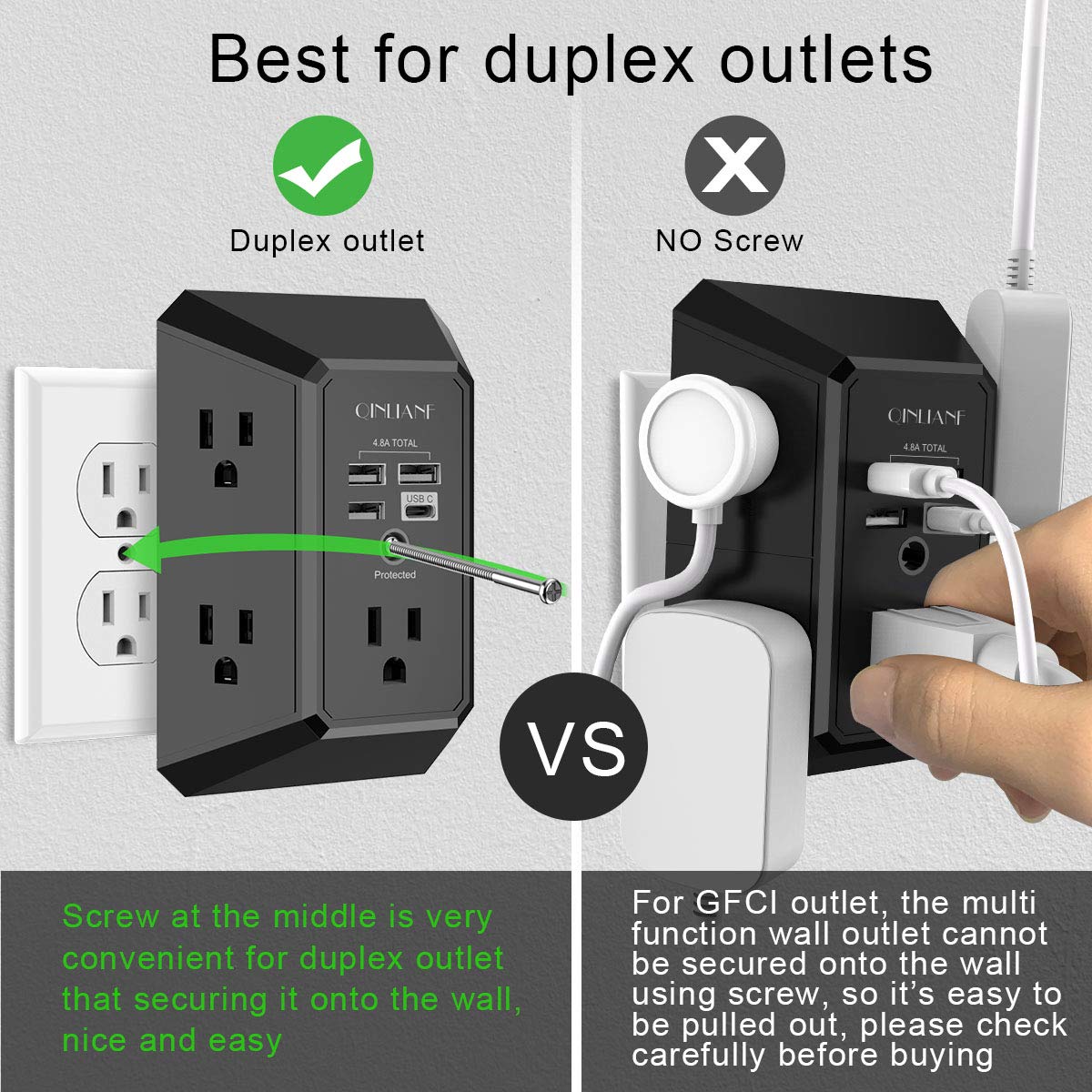 3-Sided 1680J Power Strip Multi Plug Adapter Wall Charger, Surge Protector 5 Outlet Extender with 4 USB Charging Ports (4.8A Total)