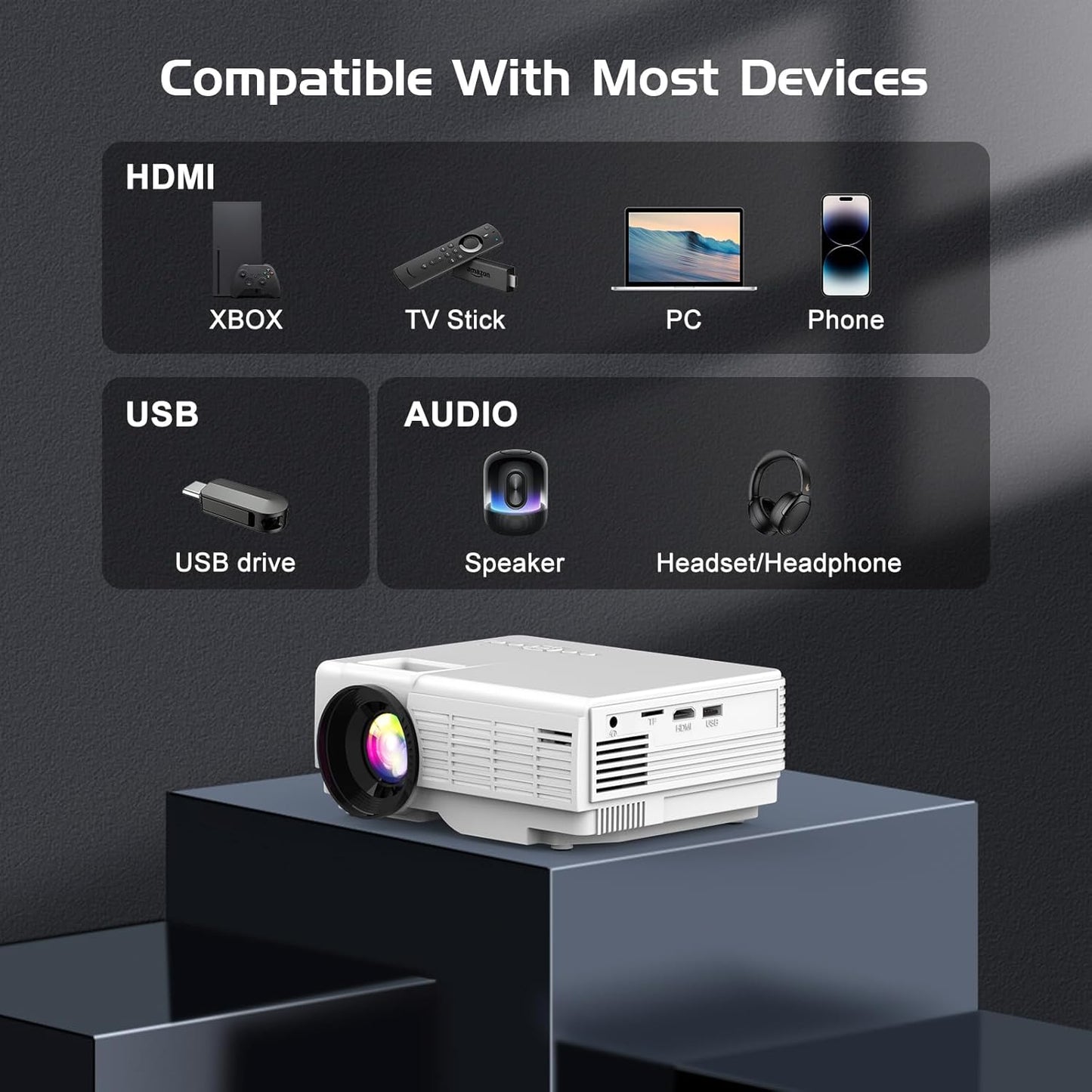 Two-way Bluetooth Projector, Mini Projector with Projector Screen, Full HD 1080P Portable Video Projector