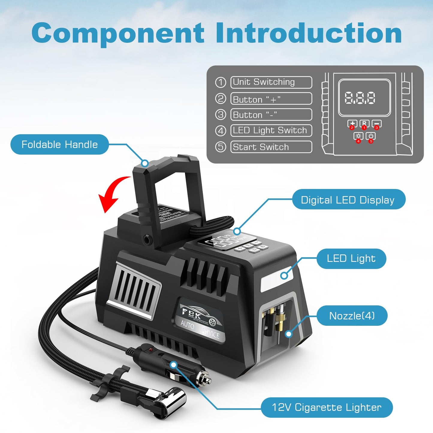 Portable Tire Inflator Digital Air Compressor 12V DC Tire Air Pump - Auto Shut-Off Function, Emergency LED Light, Carrying Case