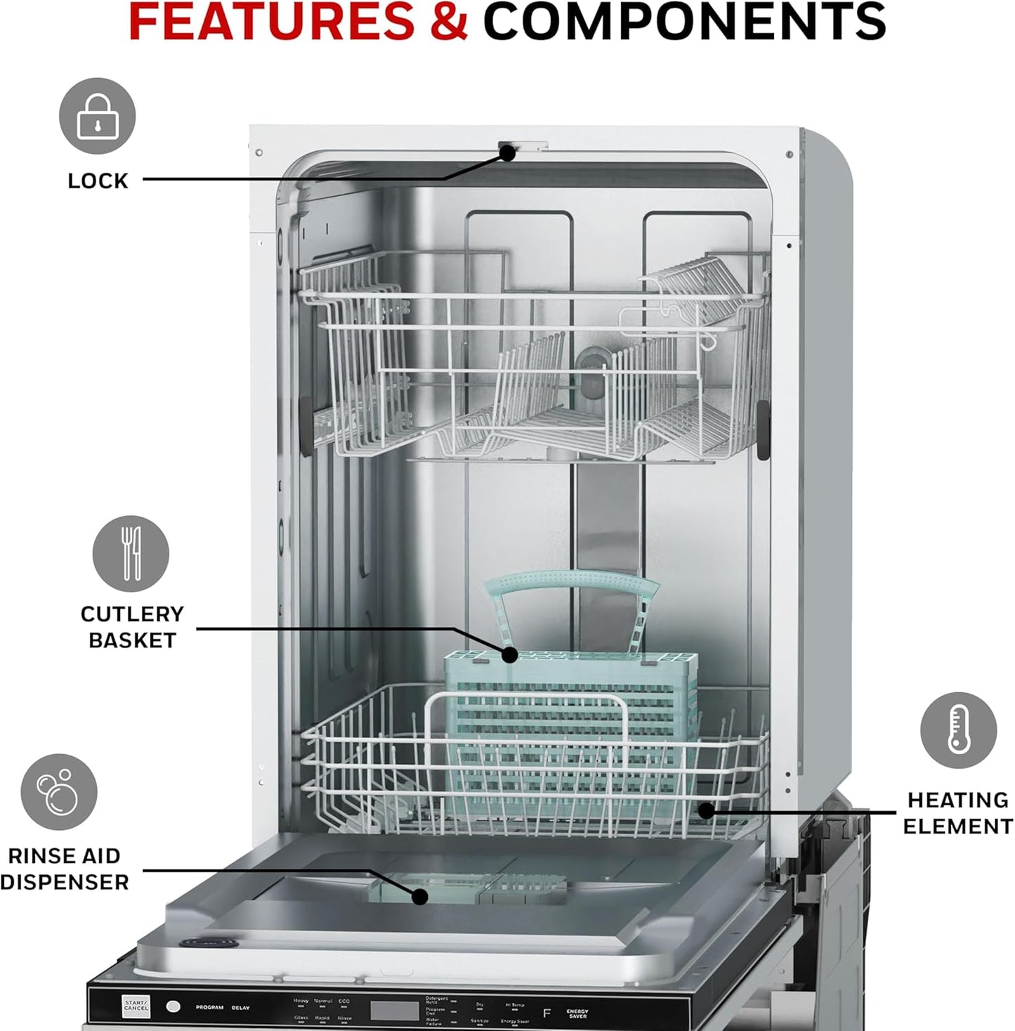 18'' Dishwasher – 8 Place Settings, 6 Wash Programs, Stainless Steel, Energy Star