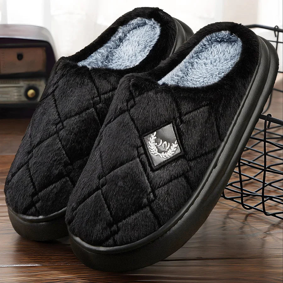 Men's Furry Plaid Slippers – Memory Foam, Non-Slip, Cozy Winter House Shoes