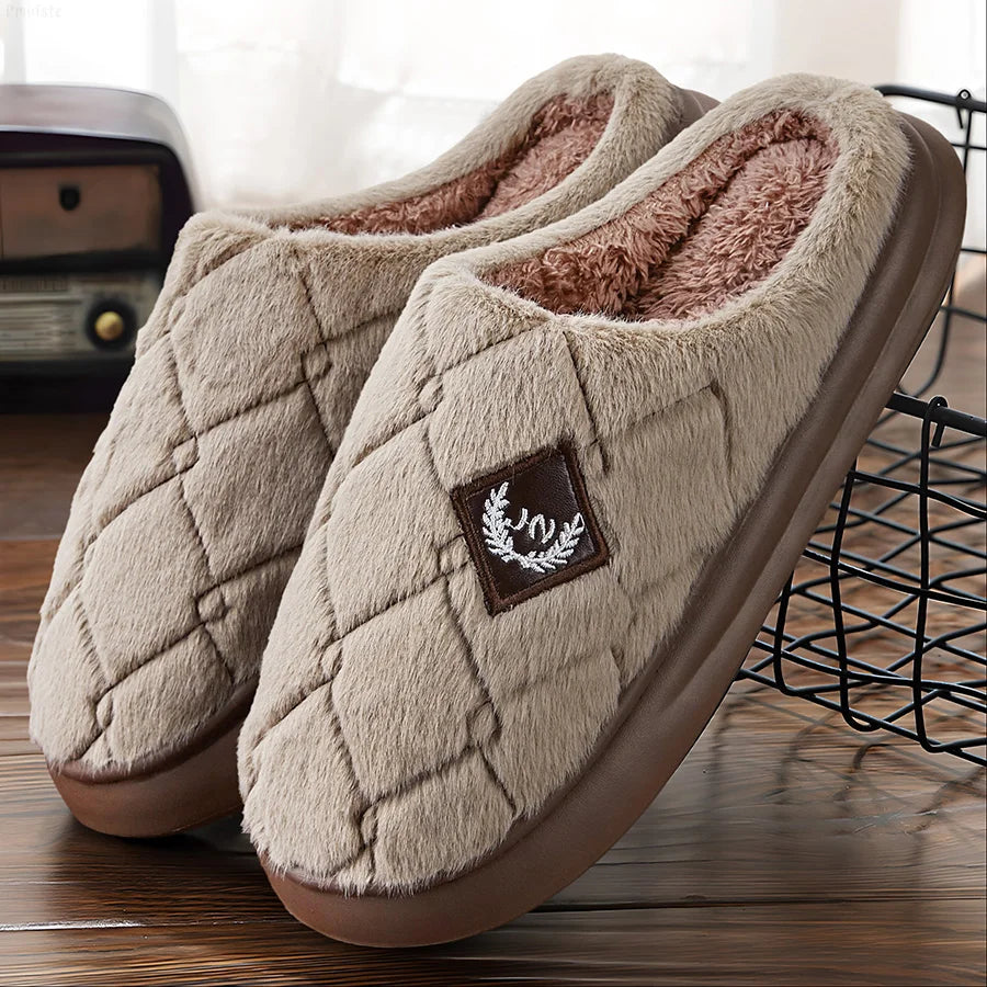 Men's Furry Plaid Slippers – Memory Foam, Non-Slip, Cozy Winter House Shoes