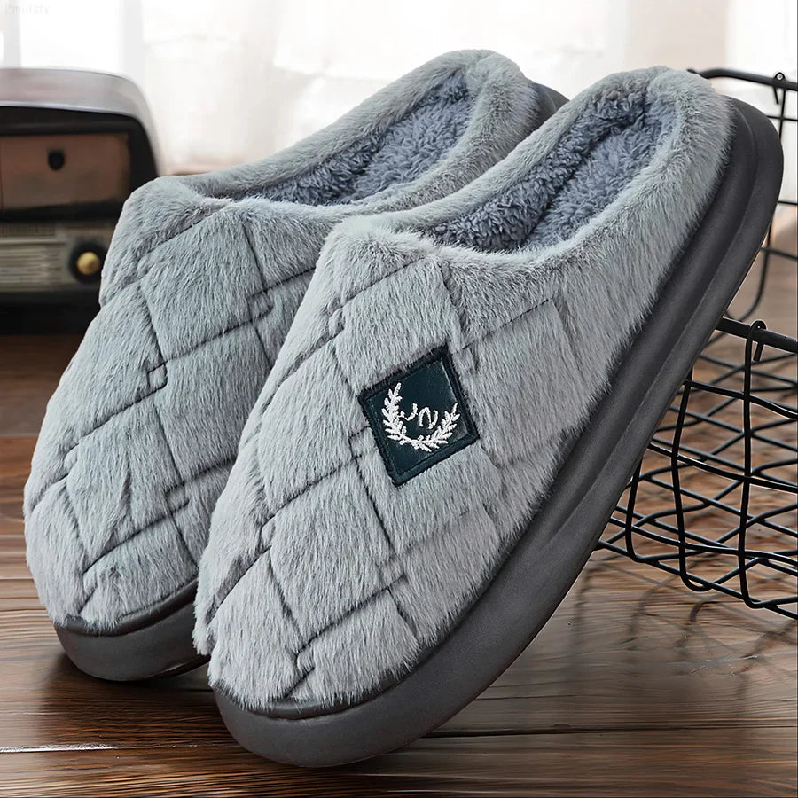 Men's Furry Plaid Slippers – Memory Foam, Non-Slip, Cozy Winter House Shoes