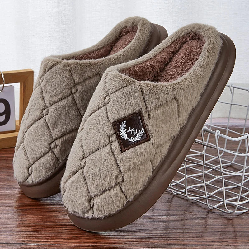 Men's Furry Plaid Slippers – Memory Foam, Non-Slip, Cozy Winter House Shoes