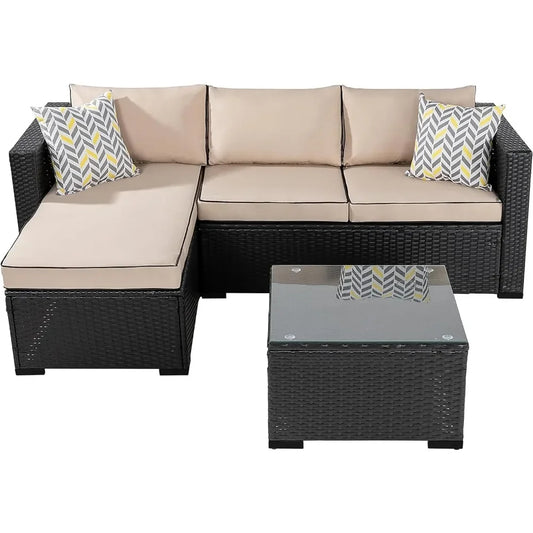 3-Piece Outdoor Patio Furniture Set – All-Weather Rattan Wicker Sofa with Cushions & Glass Table