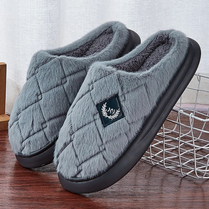 Men's Furry Plaid Slippers – Memory Foam, Non-Slip, Cozy Winter House Shoes