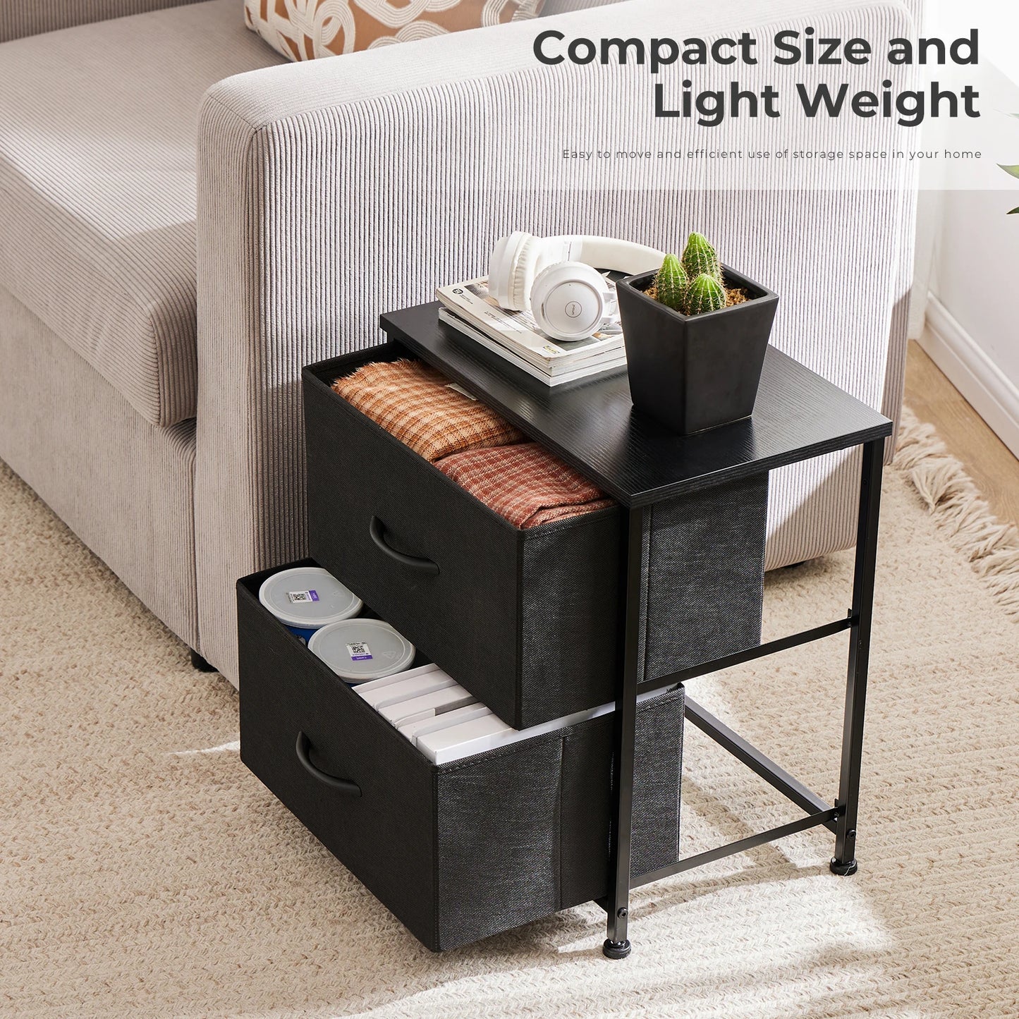 2 Pc Nightstand Set – Fabric Drawer Bedside Tables for Bedroom & Living Room Storage