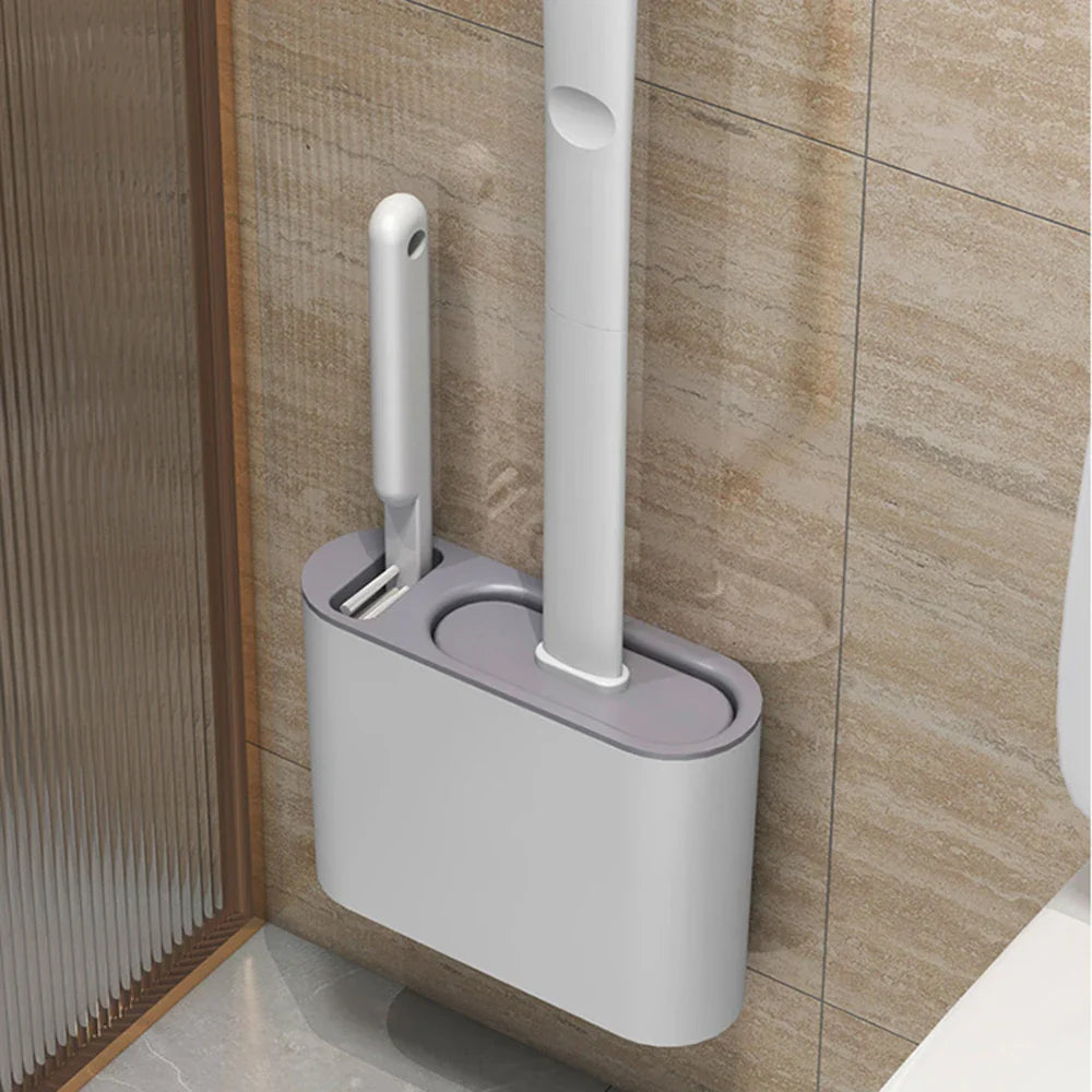 Waterproof Silicone Wall-Mounted Toilet Brush Holder with Long Handle - Quick Drying & Soft Bristles - Essential Bathroom Accessory