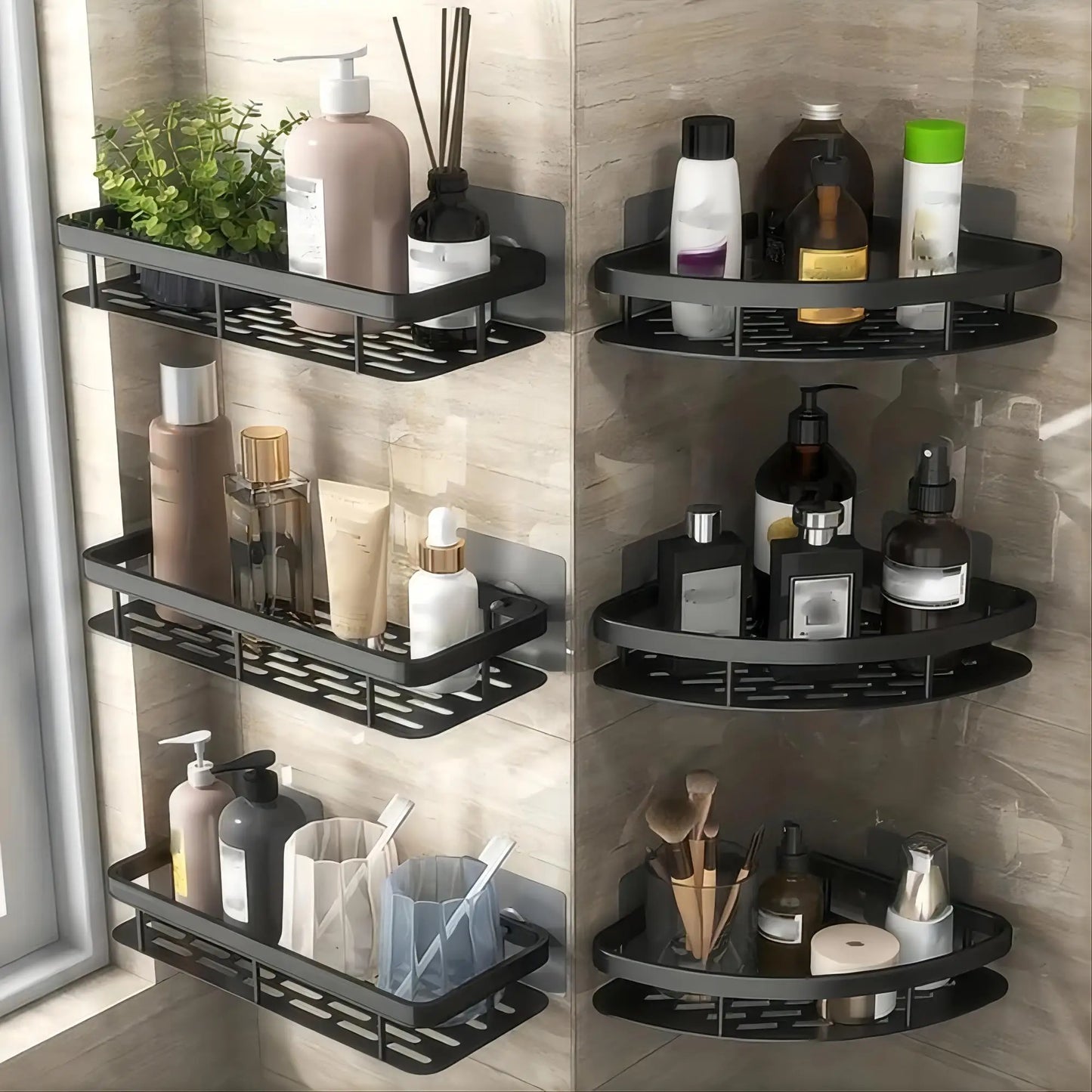 Wall-Mounted Triangle Bathroom Shelf – Space-Saving Black Storage Rack for Shower, Toiletries & Home Organization