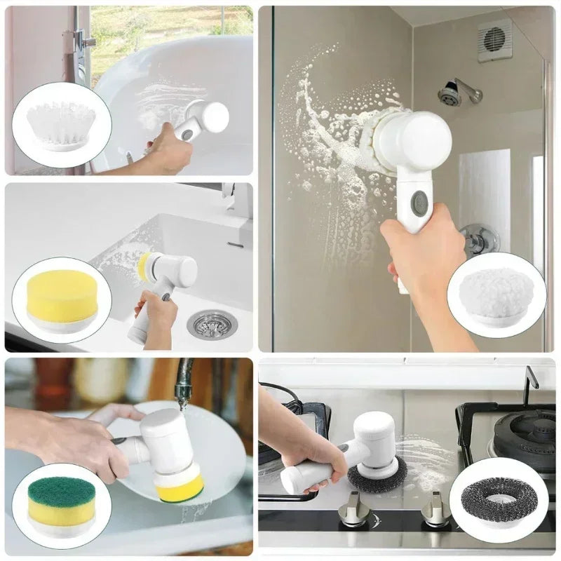 Electric Spin Scrubber for Bathroom & Kitchen – Powerful Cordless Cleaning Brush with 5 Replaceable Heads