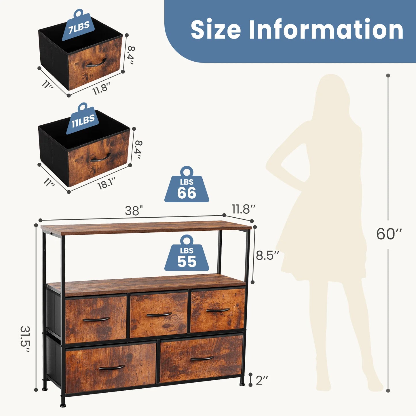 Fireplace TV Stand Dresser – 5-Drawer Storage Chest for Bedroom & Living Room