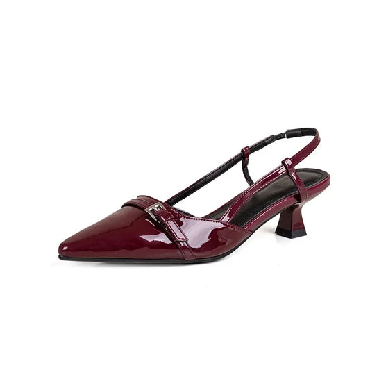 French Wine Red Patent Leather Sandals – Elegant Pointed-Toe Mid-Heel Shoes